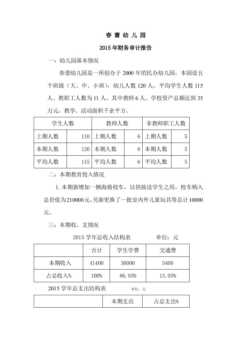 春蕾幼儿园财务审计报告