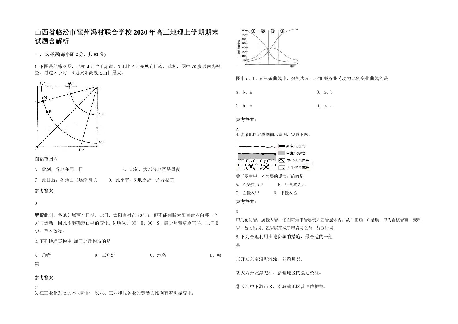 山西省临汾市霍州冯村联合学校2020年高三地理上学期期末试题含解析