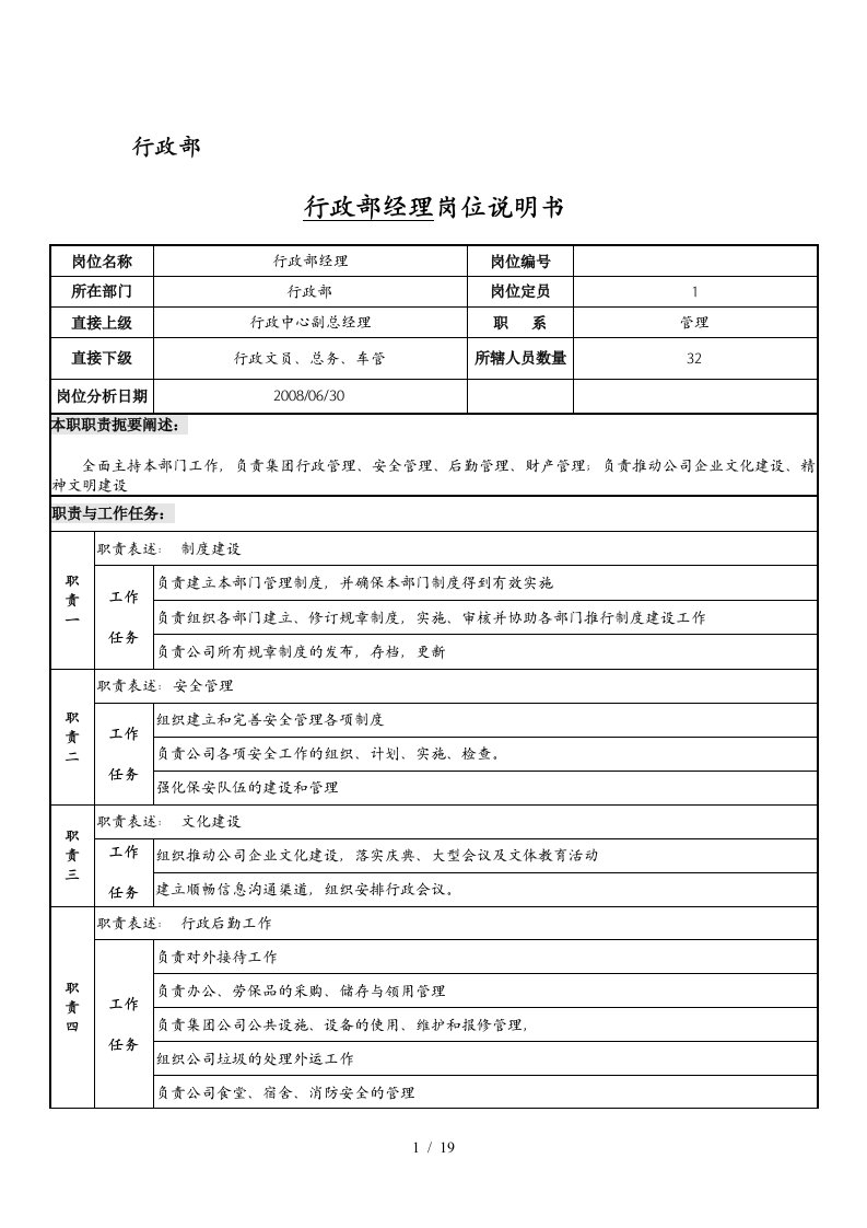 行政部岗位说明书案例推荐