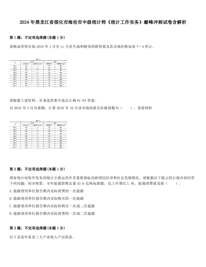 2024年黑龙江省绥化市海伦市中级统计师《统计工作实务》巅峰冲刺试卷含解析