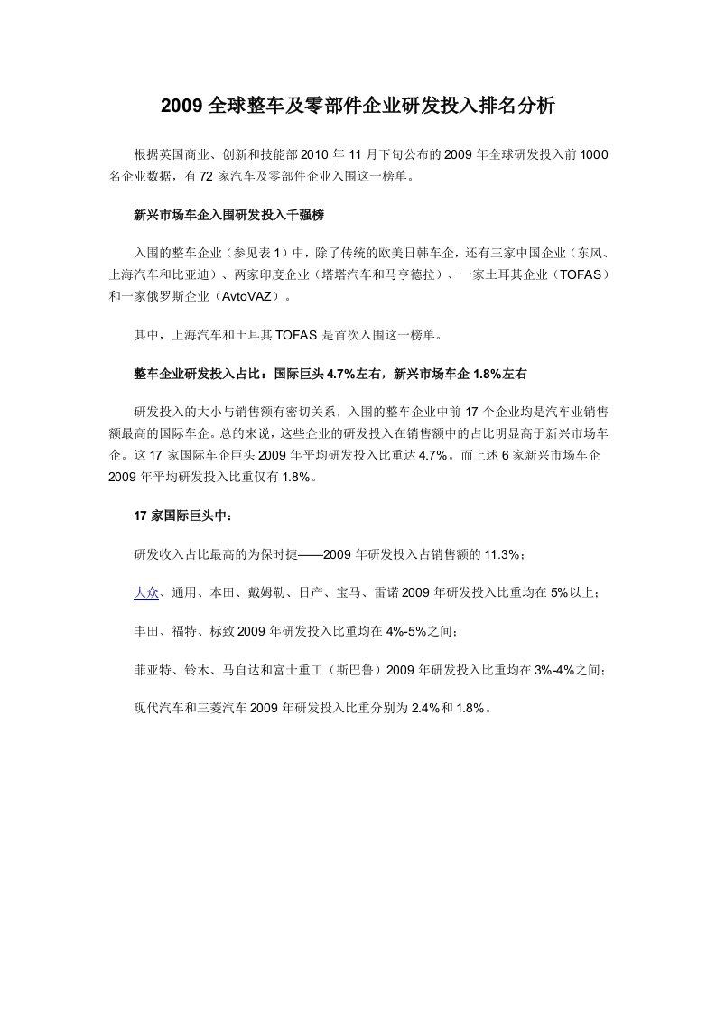 2009全球整车和零部件企业研发投入排名分析