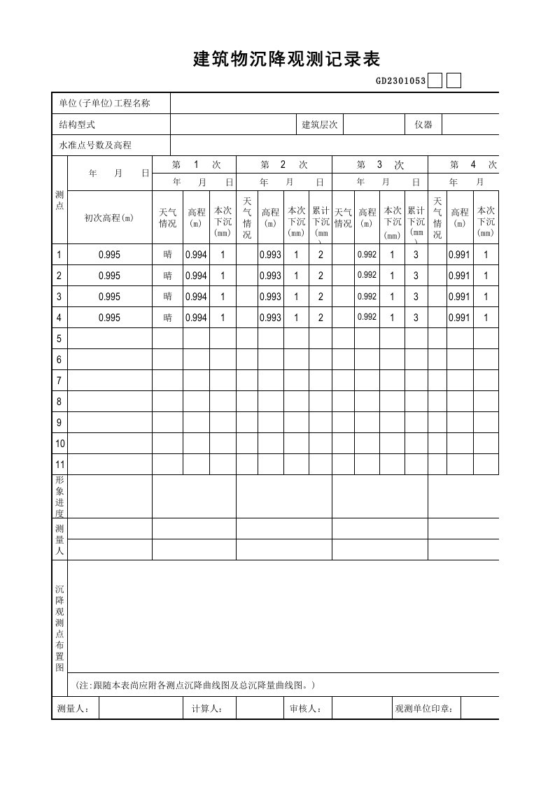 表格模板-建筑物沉降观测记录表