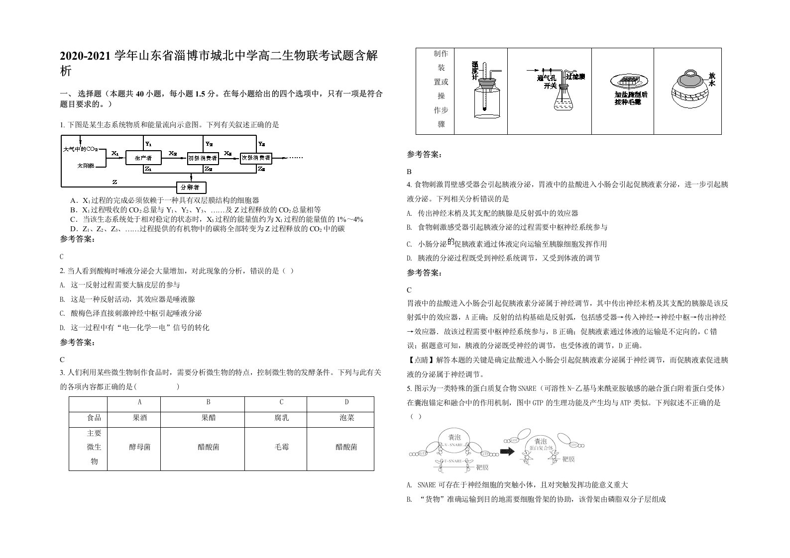 2020-2021学年山东省淄博市城北中学高二生物联考试题含解析