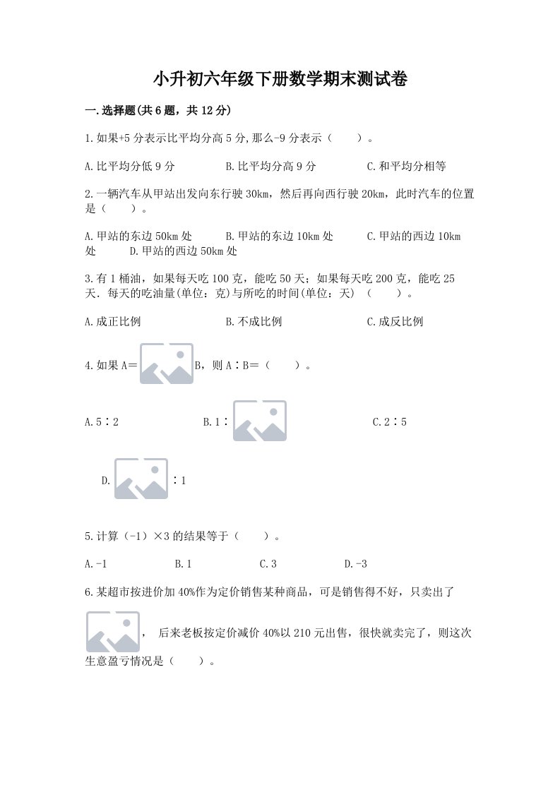 小升初六年级下册数学期末测试卷（历年真题）