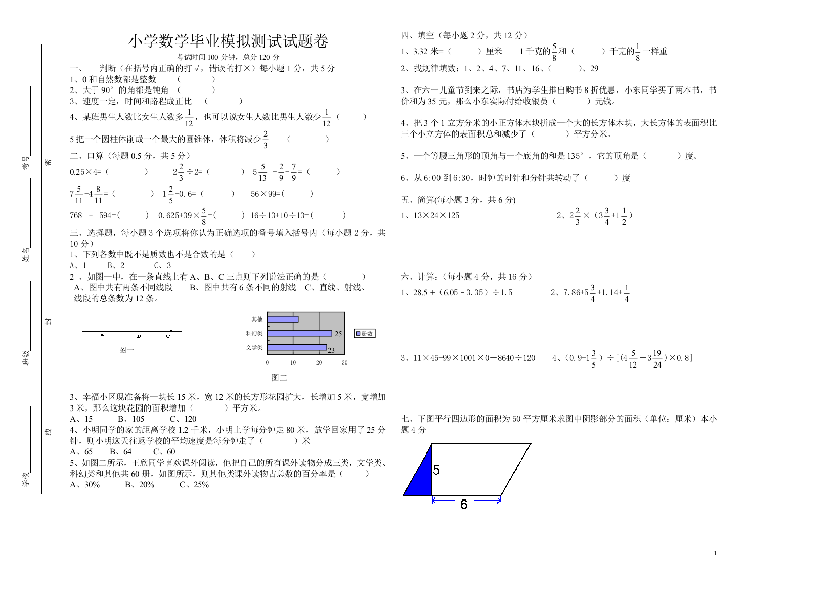 小学数学毕业水平测试试题卷