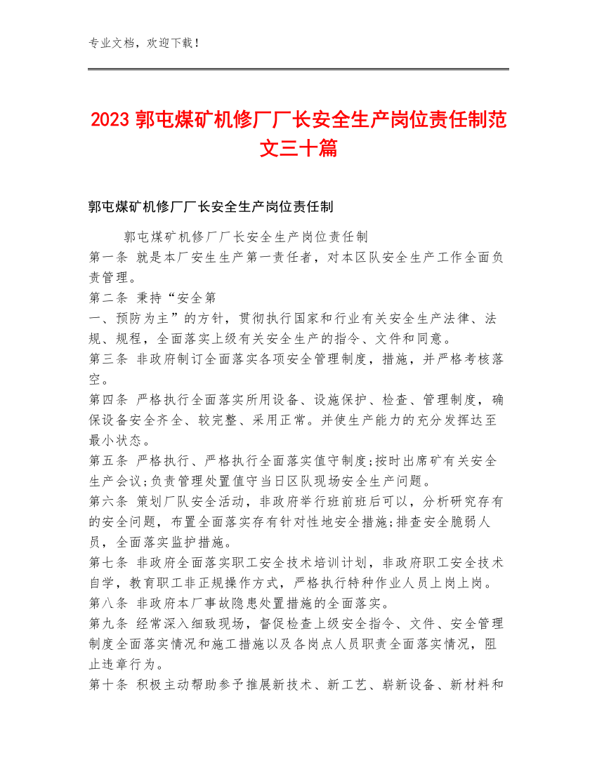 2023郭屯煤矿机修厂厂长安全生产岗位责任制范文三十篇