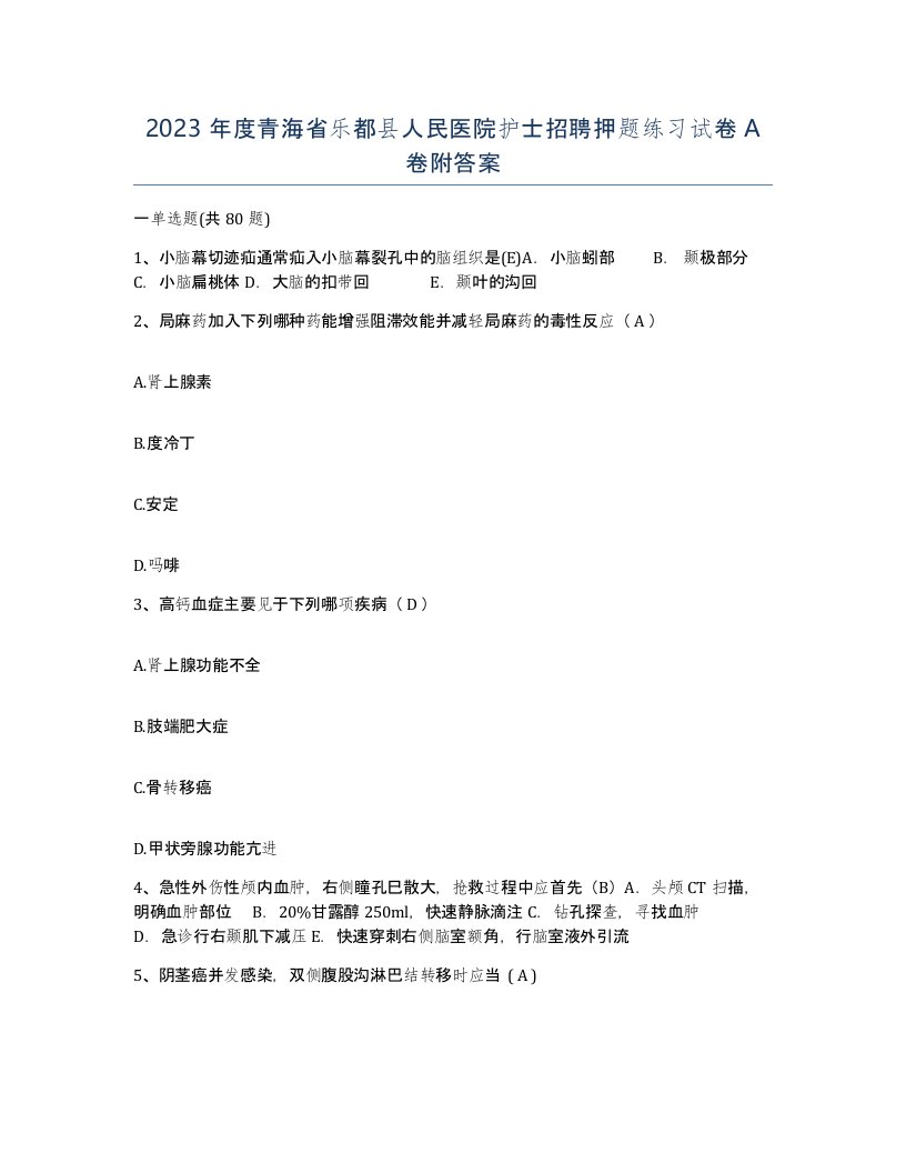 2023年度青海省乐都县人民医院护士招聘押题练习试卷A卷附答案