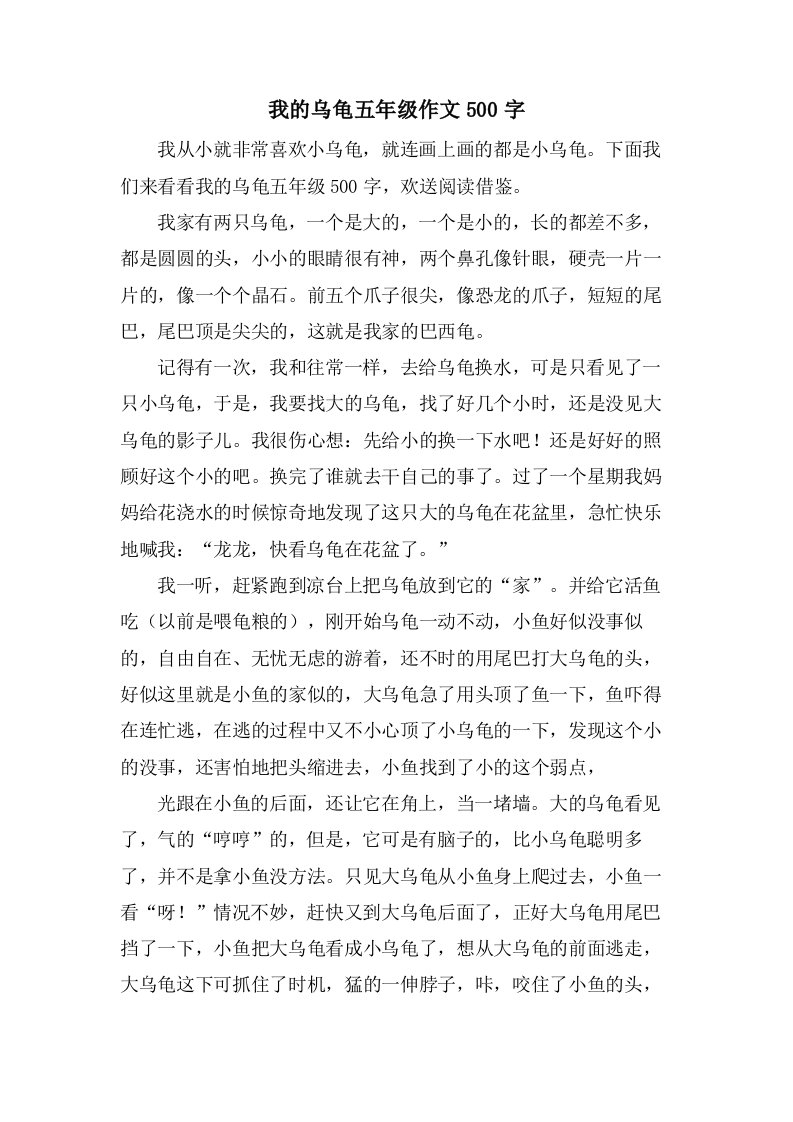 我的乌龟五年级作文500字