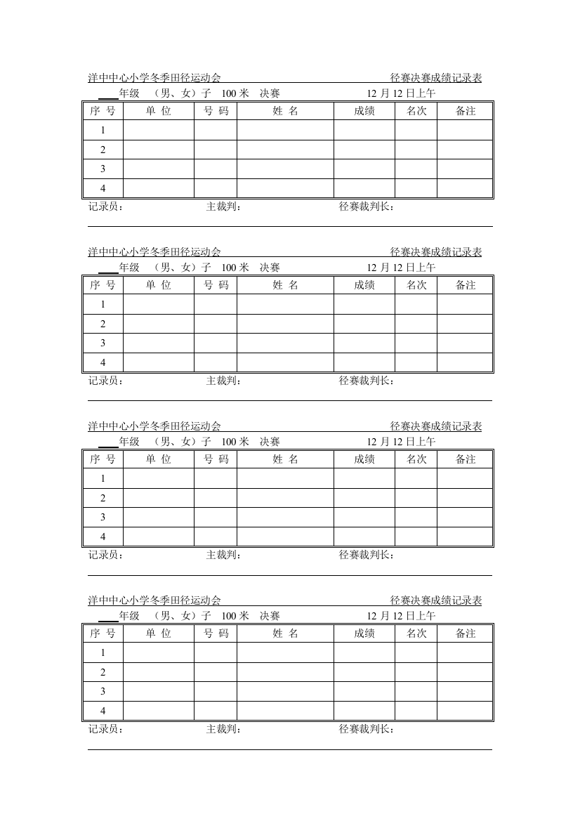 100米决赛成绩记录表