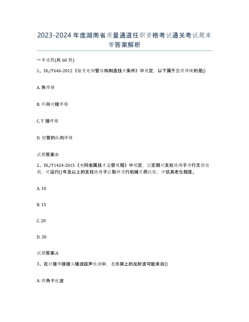 20232024年度湖南省质量通道任职资格考试通关考试题库带答案解析