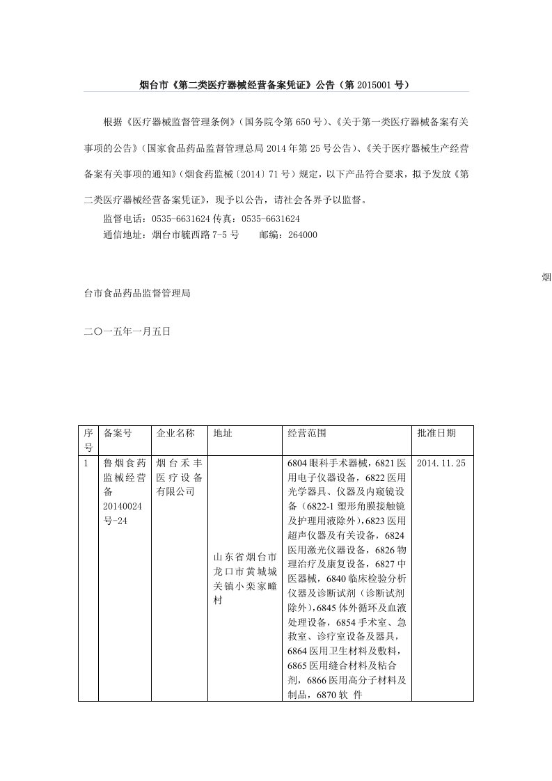 烟台市《第二类医疗械经营备案凭证》公告（第2015001号