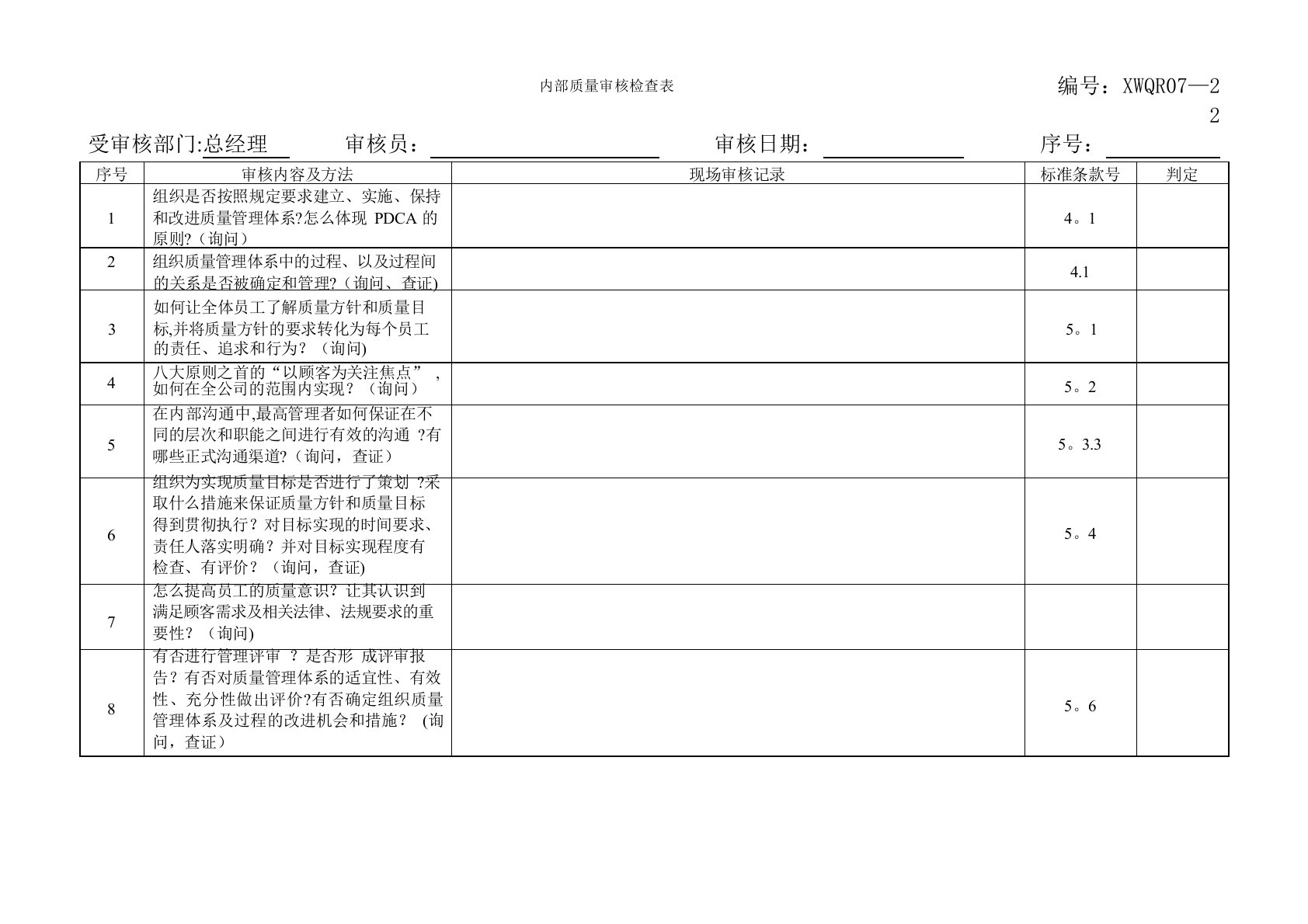 GMP内审检查表汇总