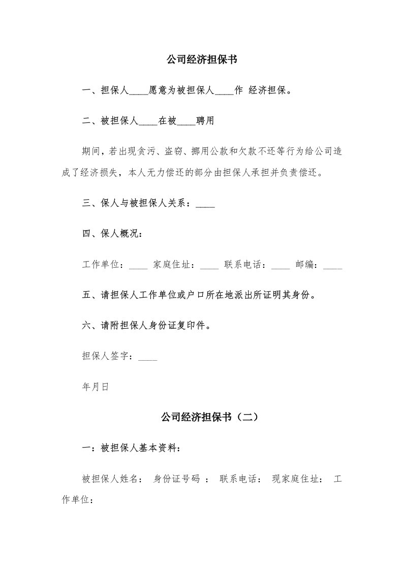 公司经济担保书