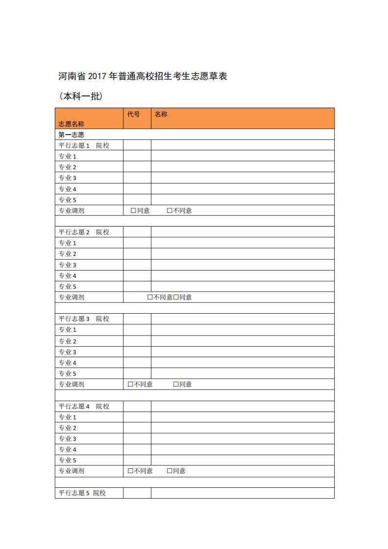 河南省普通高校招生考生志愿草表