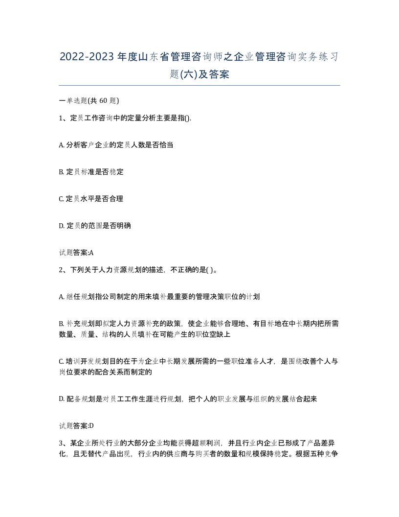 2022-2023年度山东省管理咨询师之企业管理咨询实务练习题六及答案