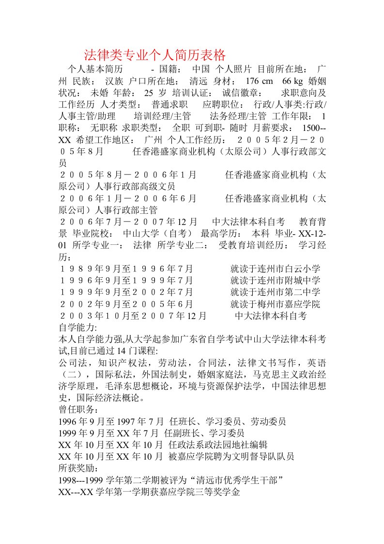 法律类专业个人简历表格