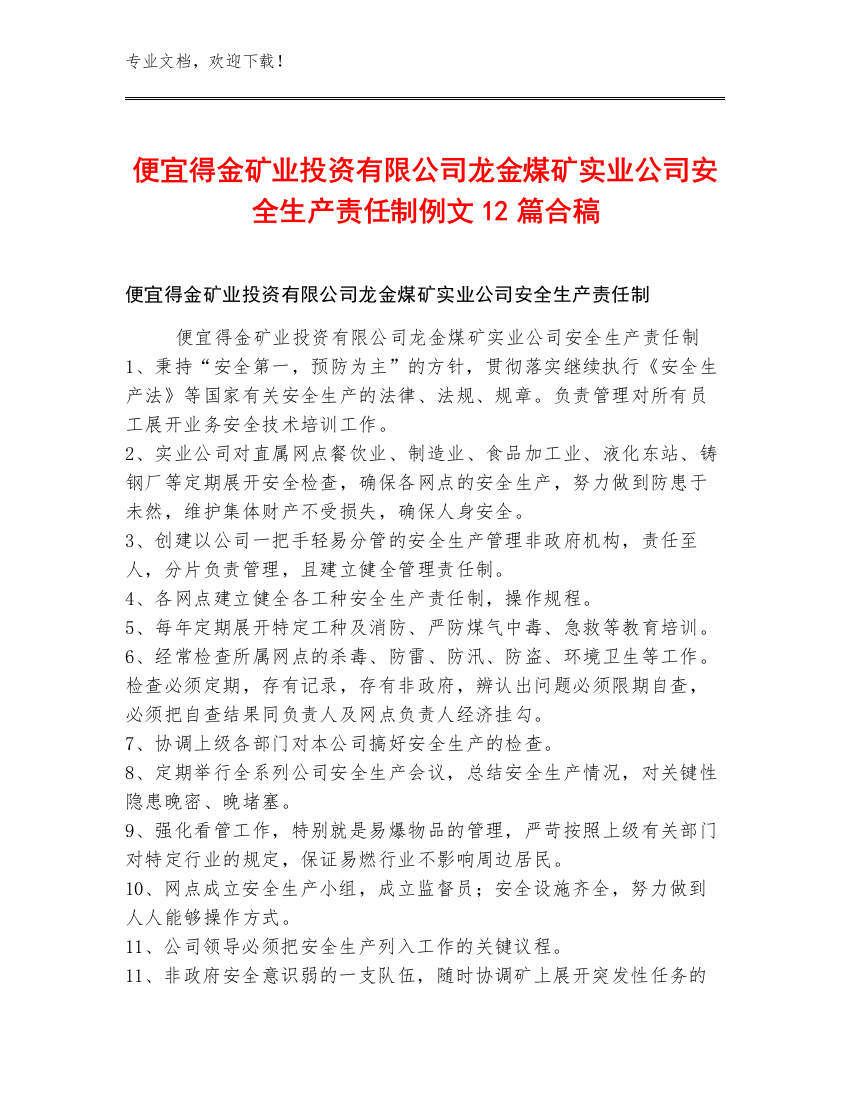 便宜得金矿业投资有限公司龙金煤矿实业公司安全生产责任制例文12篇合稿