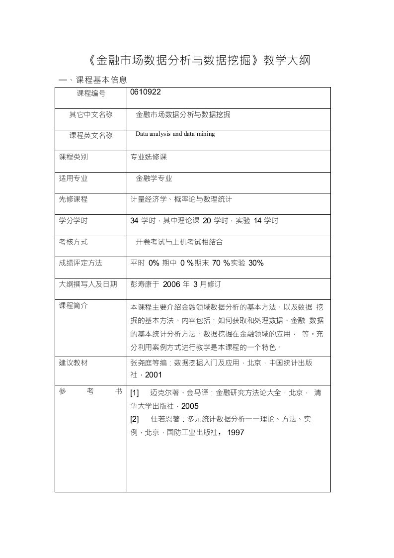 《金融市场数据分析与数据挖掘》教学大纲（精品）