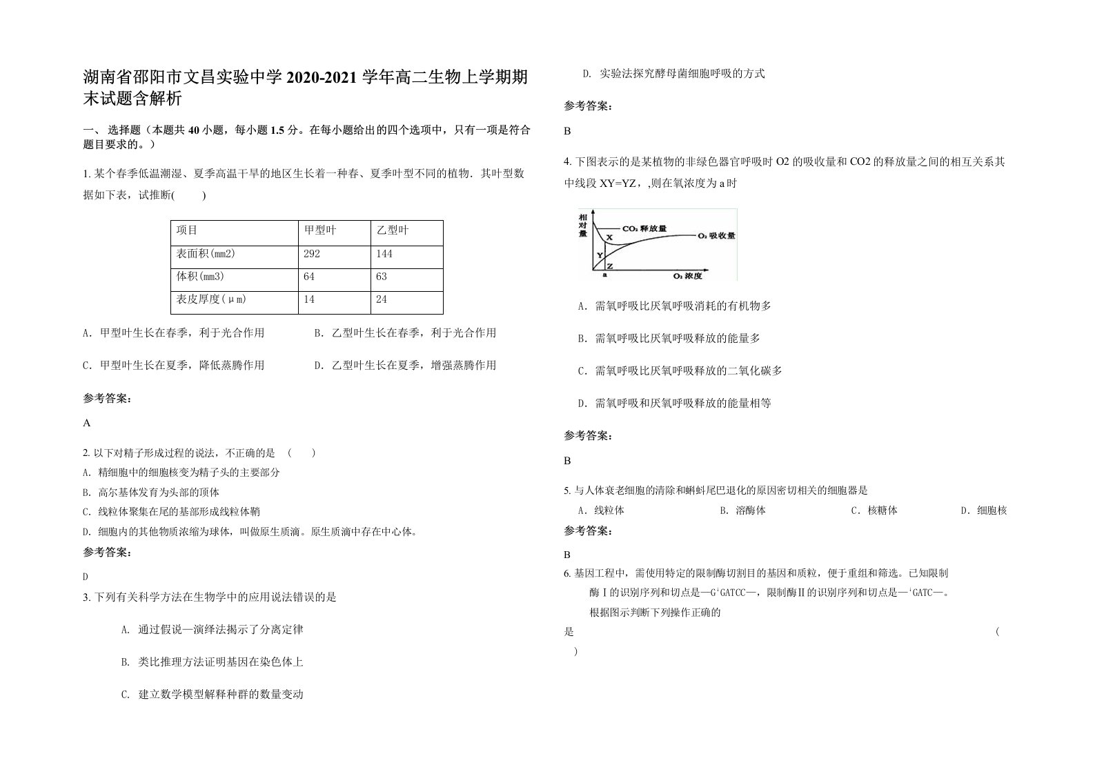 湖南省邵阳市文昌实验中学2020-2021学年高二生物上学期期末试题含解析