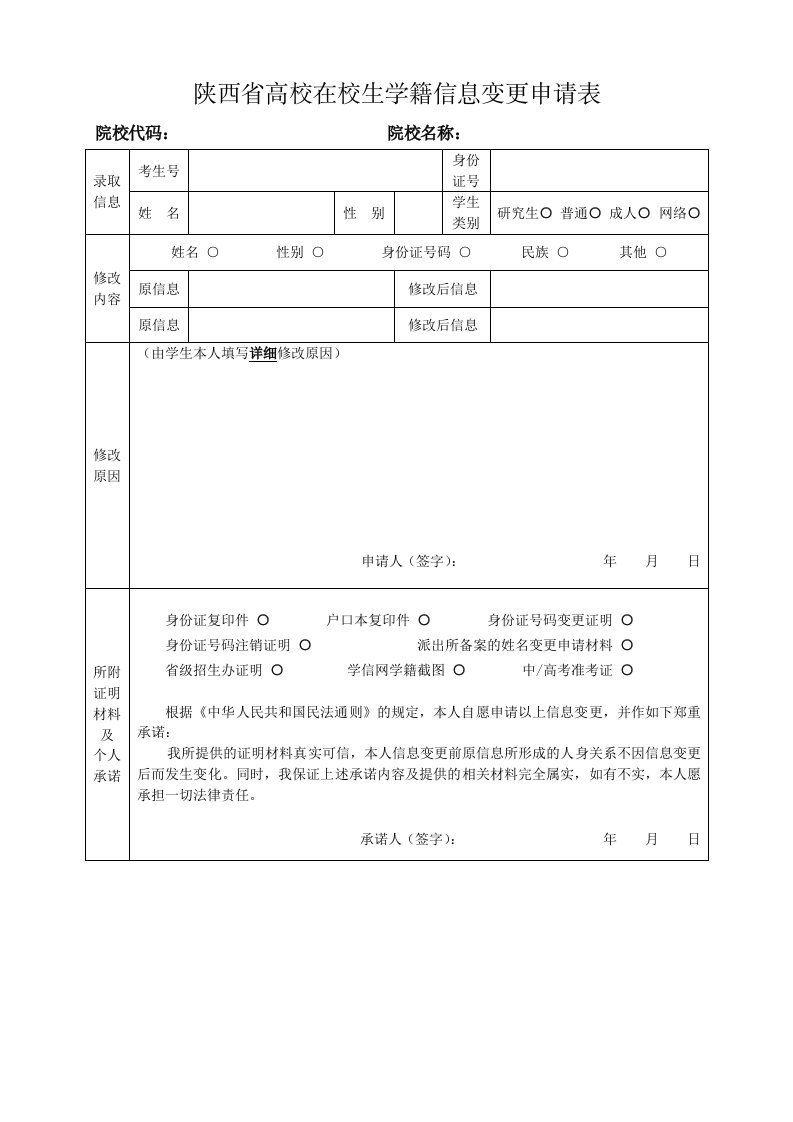 陕西高校在校生学籍信息变更申请表