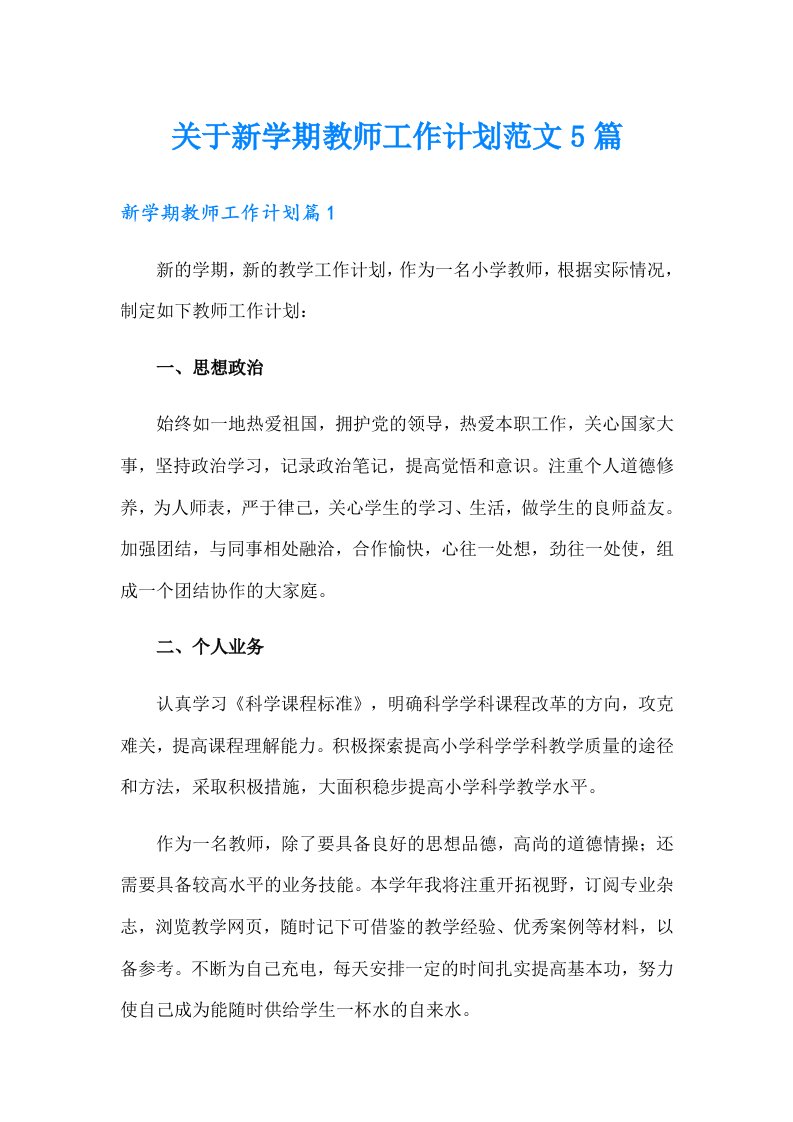 关于新学期教师工作计划范文5篇