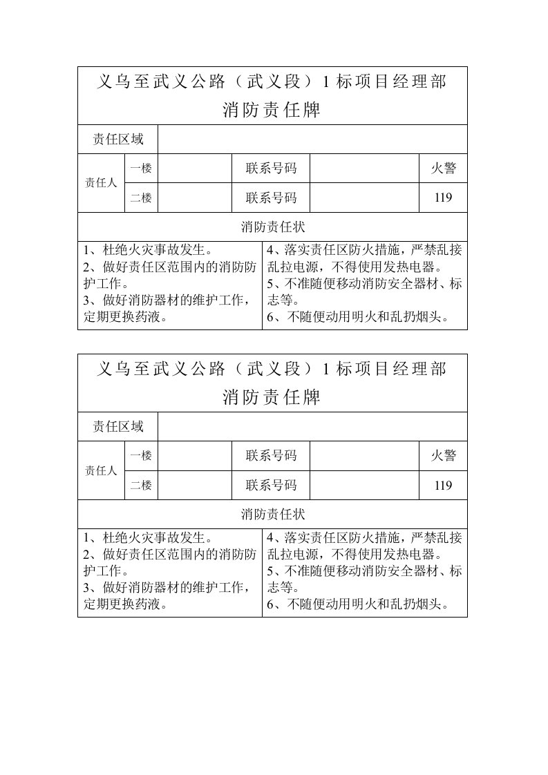 消防安全责任牌