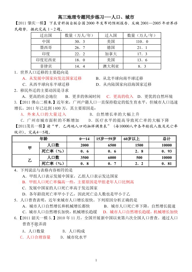 高三地理专题同步练习---人口、城市