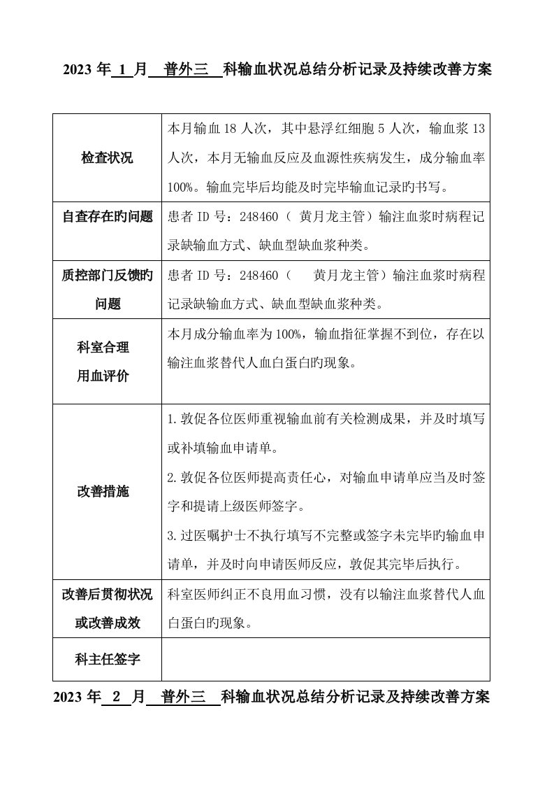 普外三科输血情况总结分析记录及持续改进方案