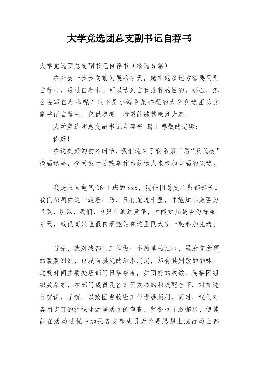 大学竞选团总支副书记自荐书