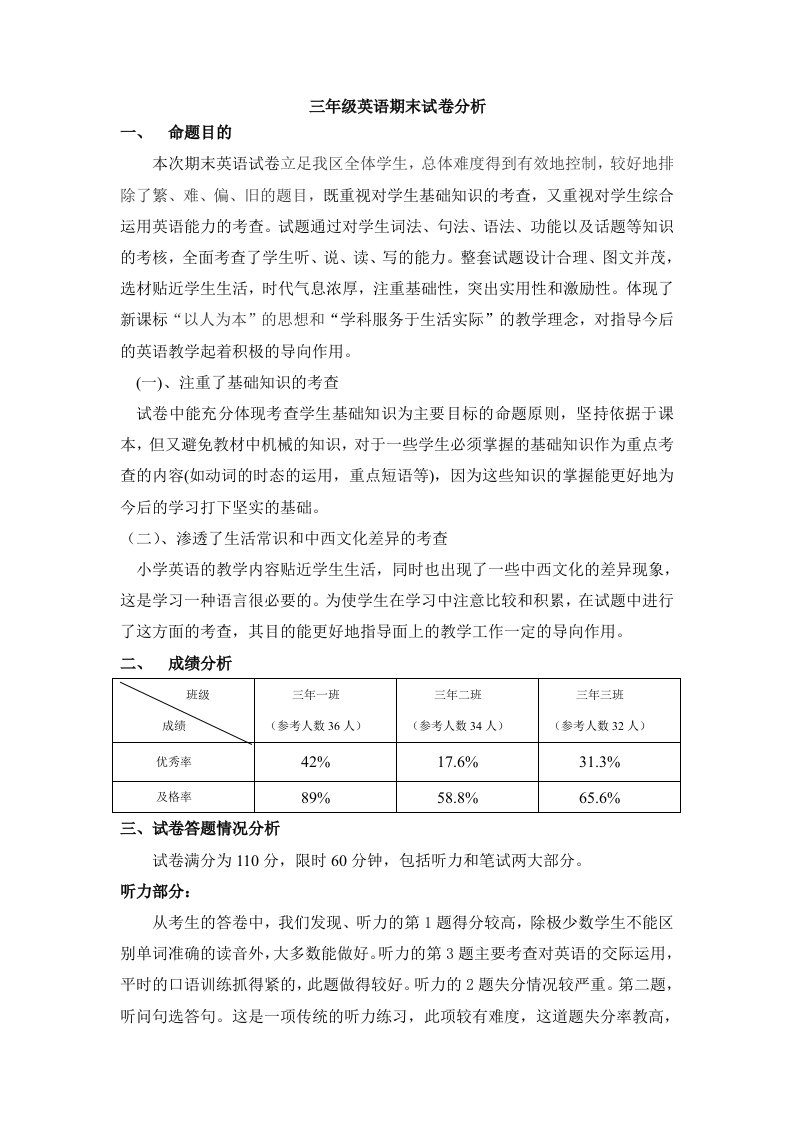 小学教育三年级英语期末试卷分析