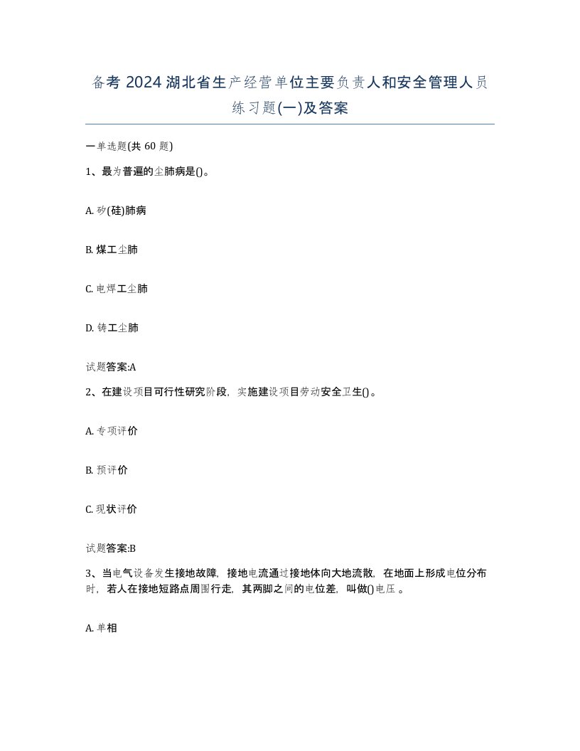 备考2024湖北省生产经营单位主要负责人和安全管理人员练习题一及答案