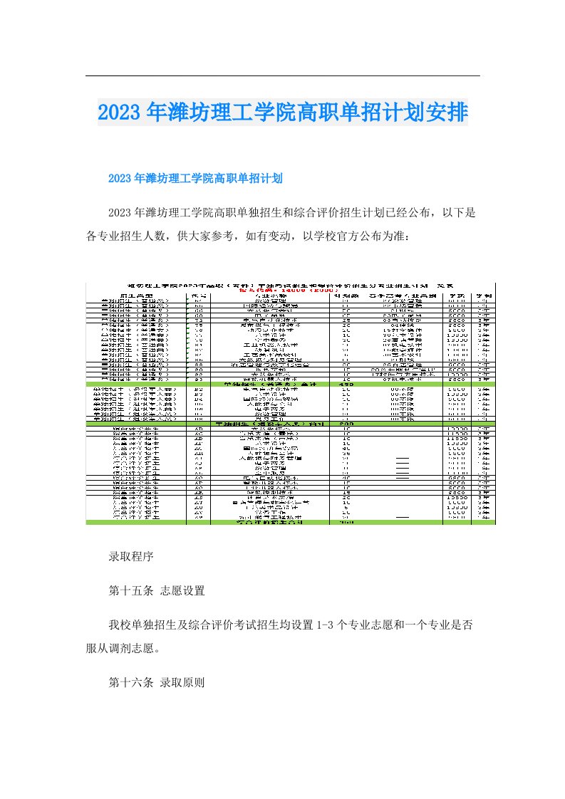 潍坊理工学院高职单招计划安排