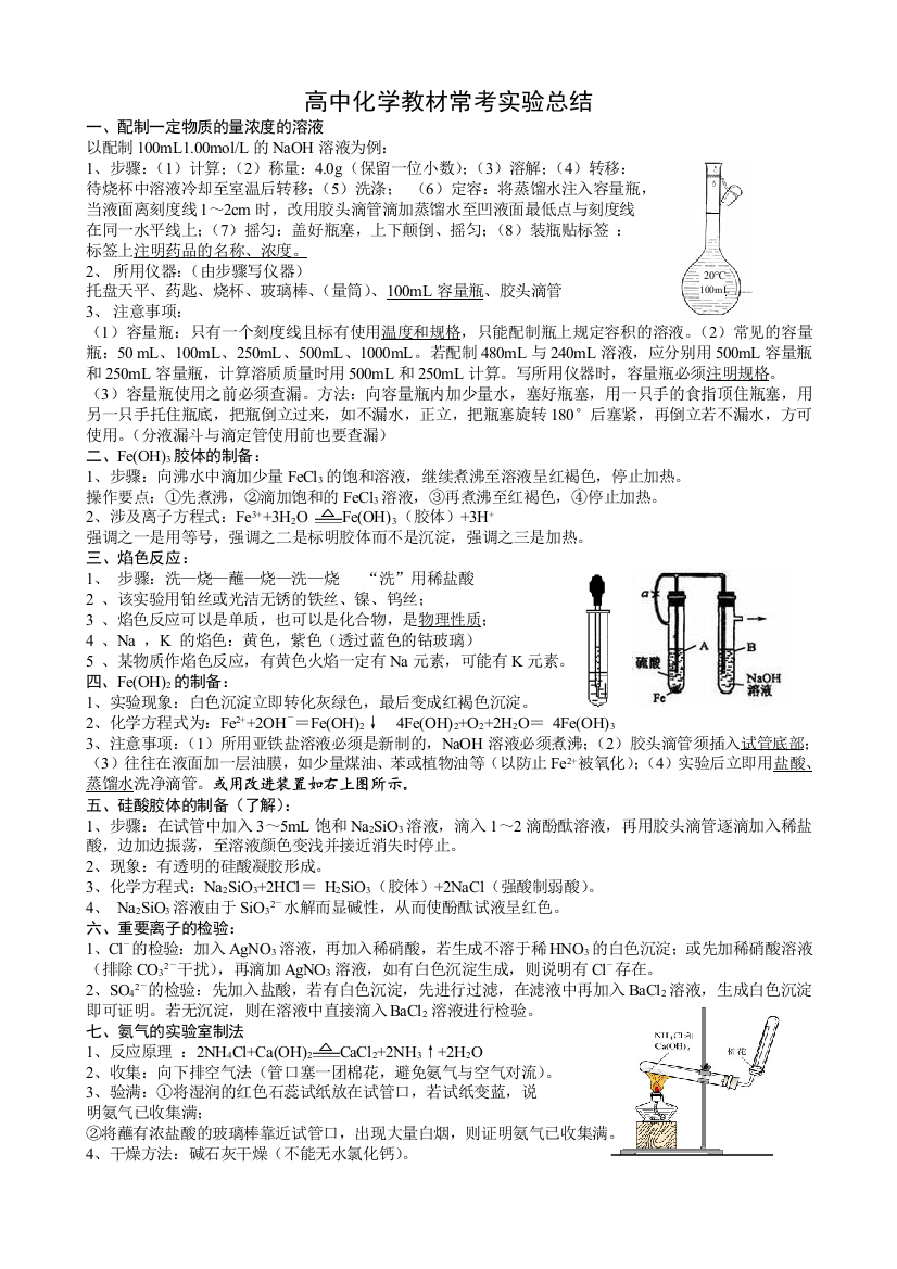 hao高中化学教材常考实验总结