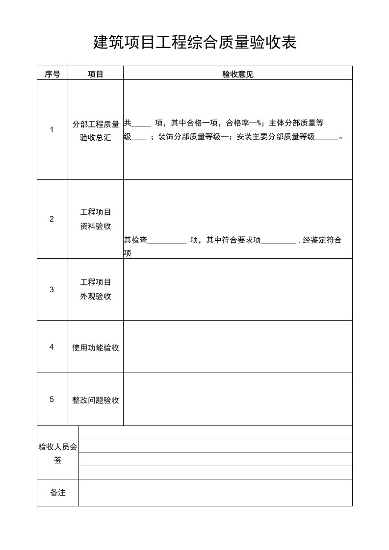 建筑项目工程综合质量验收表