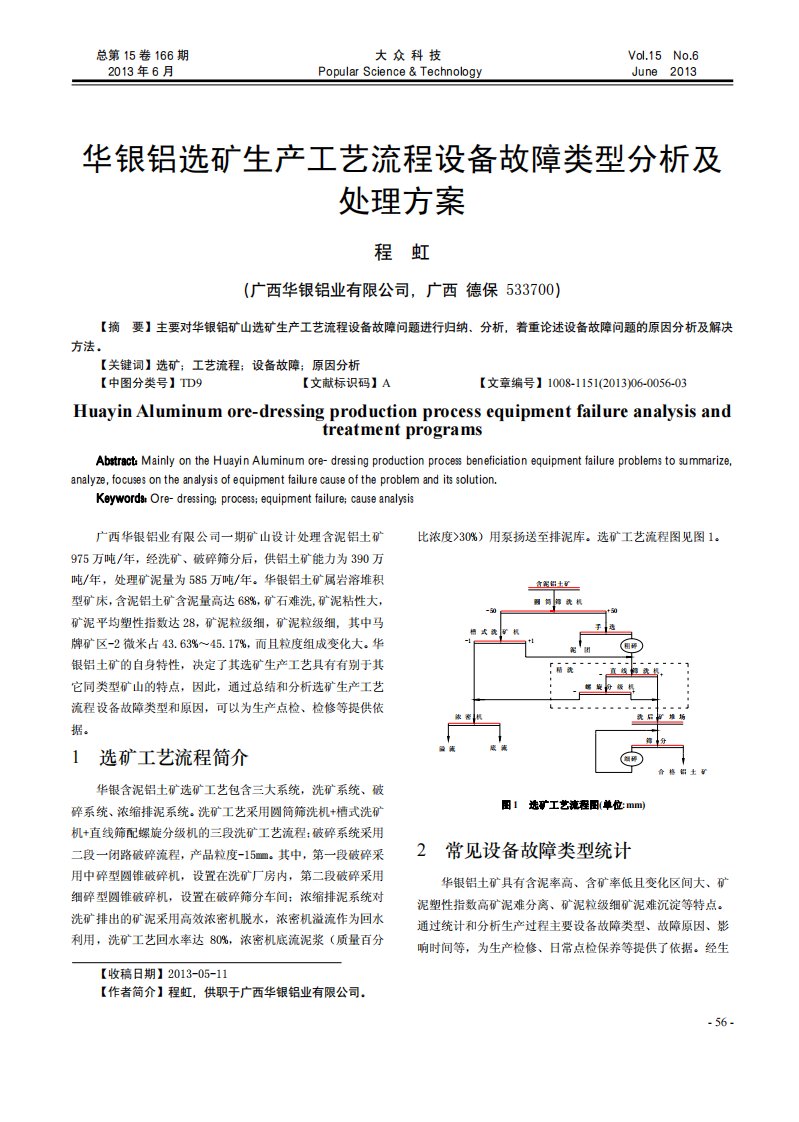 华银铝选矿生产工艺流程设备故障类型分析及处理方案