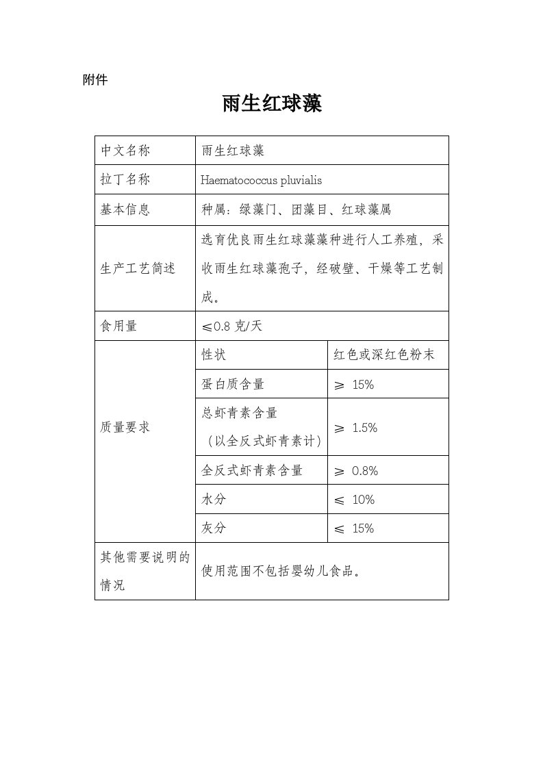 雨生红球藻等两种新资源食品目录(卫生部第17号公告)