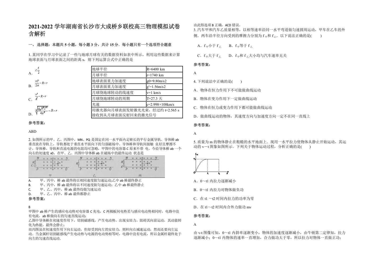 2021-2022学年湖南省长沙市大成桥乡联校高三物理模拟试卷含解析