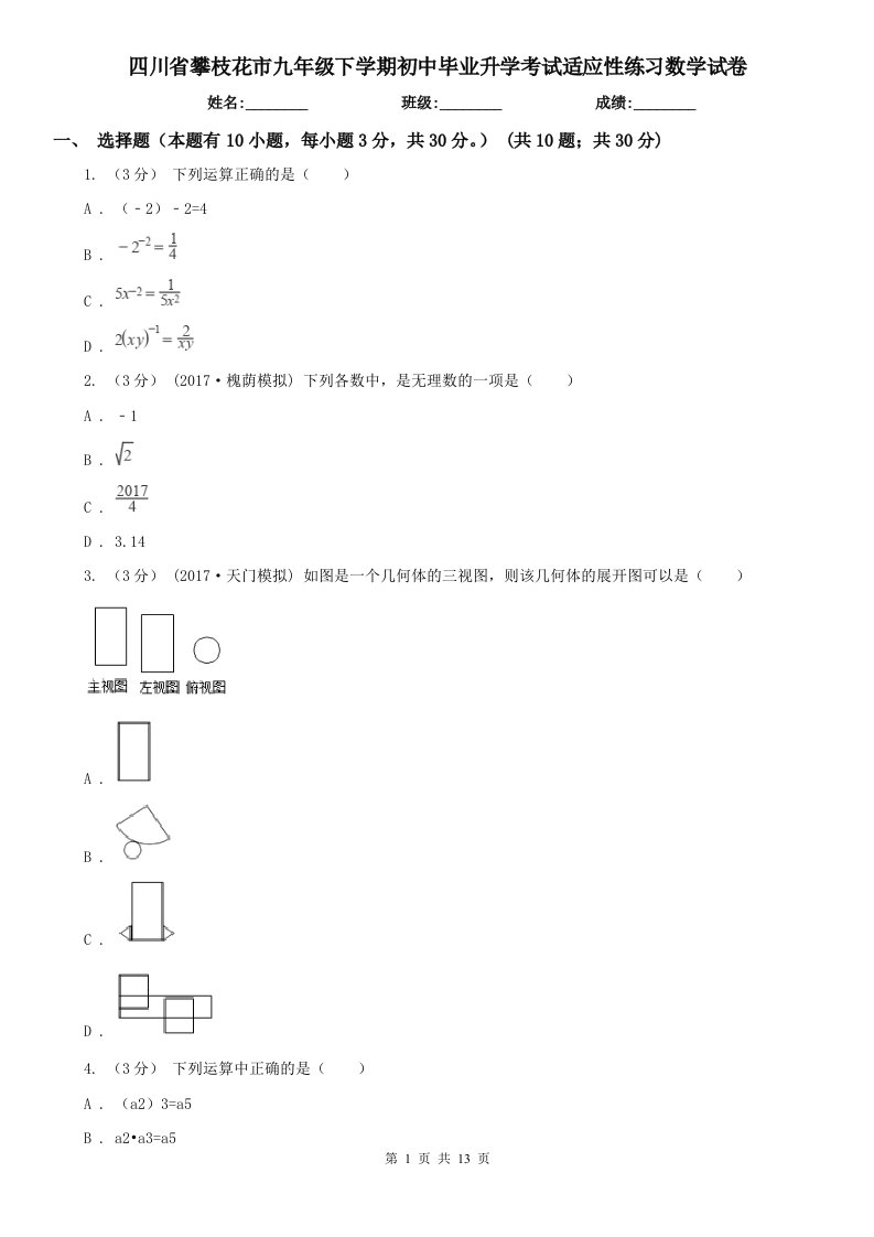 四川省攀枝花市九年级下学期初中毕业升学考试适应性练习数学试卷