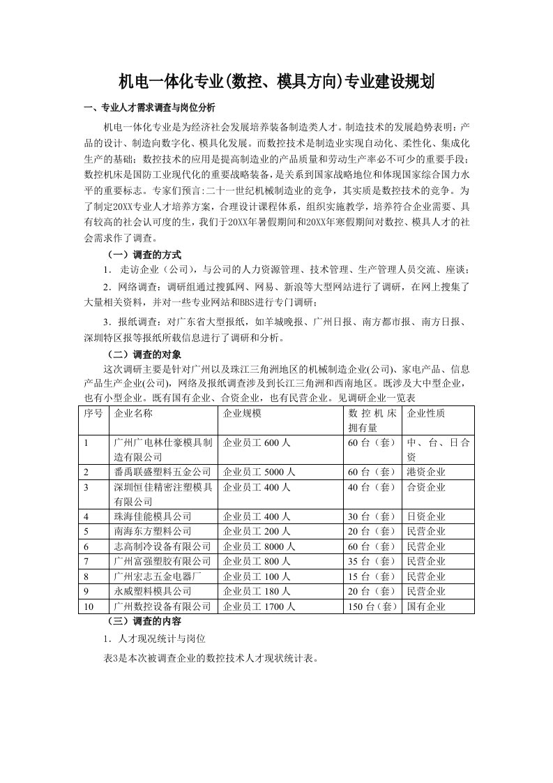 员工管理-机电一体化专业建设规划机电一体化专业人才需求调查