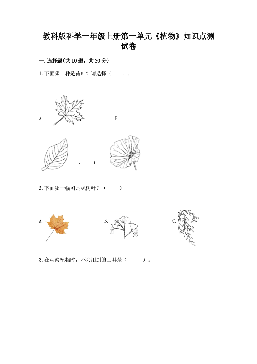 教科版科学一年级上册第一单元《植物》知识点测试卷(夺冠系列)word版