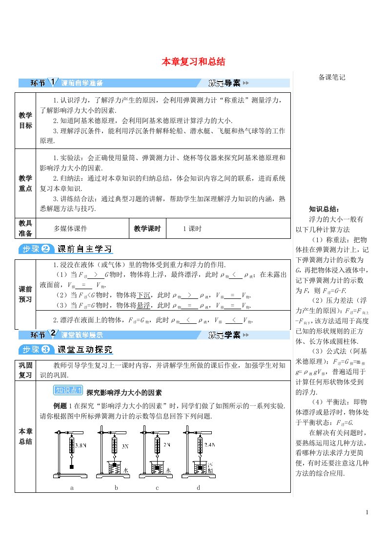 2023八年级物理下册第十章浮力本章复习和总结导学案新版新人教版