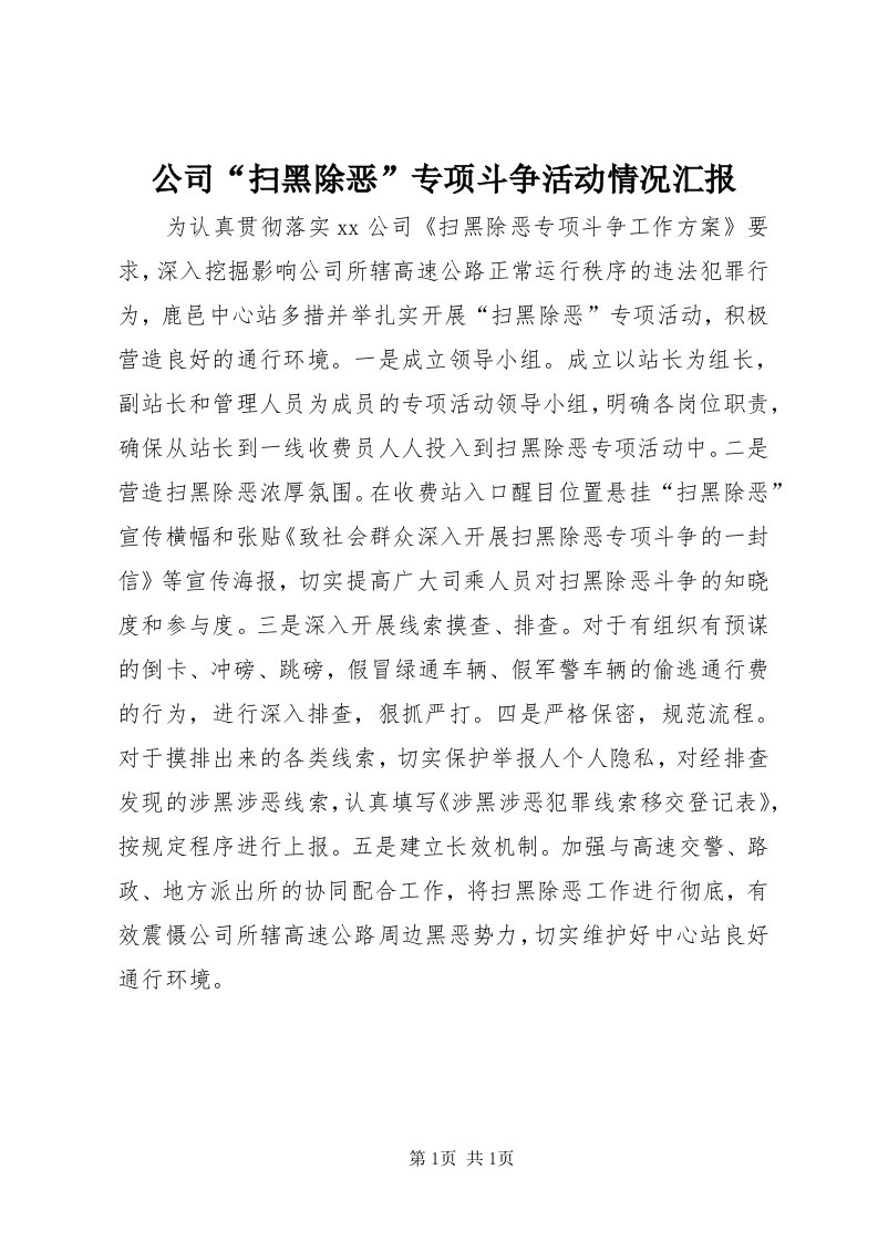 公司“扫黑除恶”专项斗争活动情况汇报