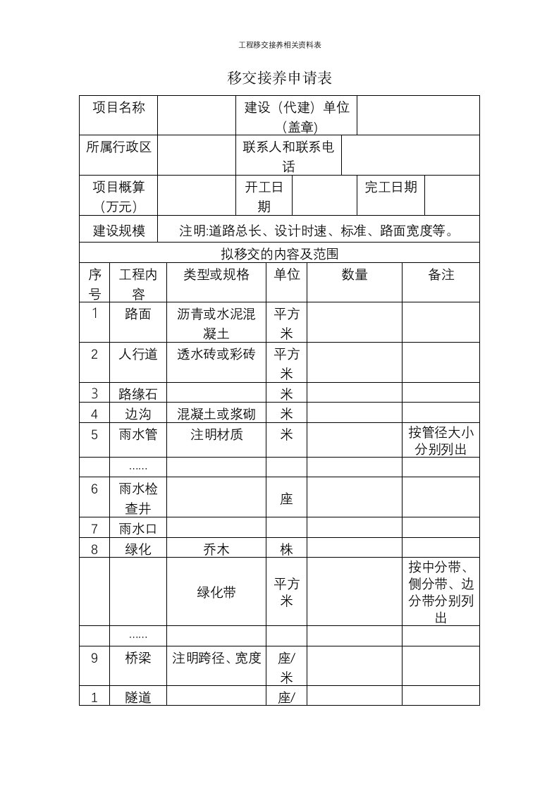 工程移交接养相关资料表