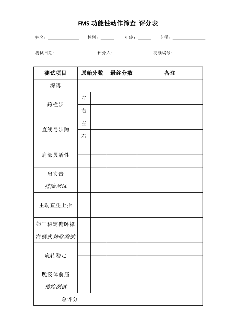 FMS功能性动作筛查评分表