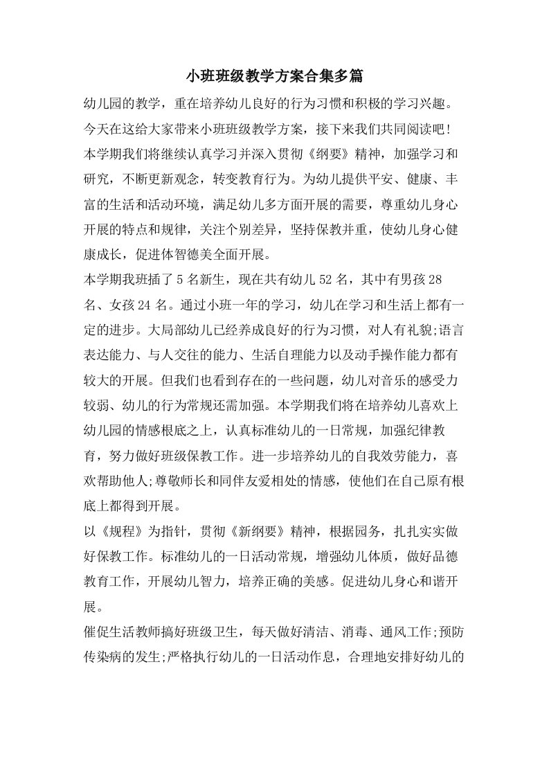 小班班级教学计划合集多篇