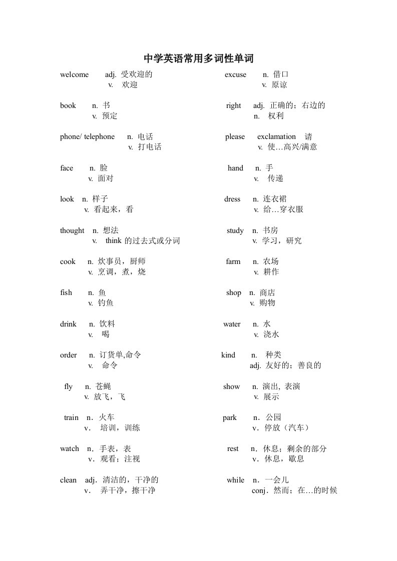 中学英语常用多词性单词