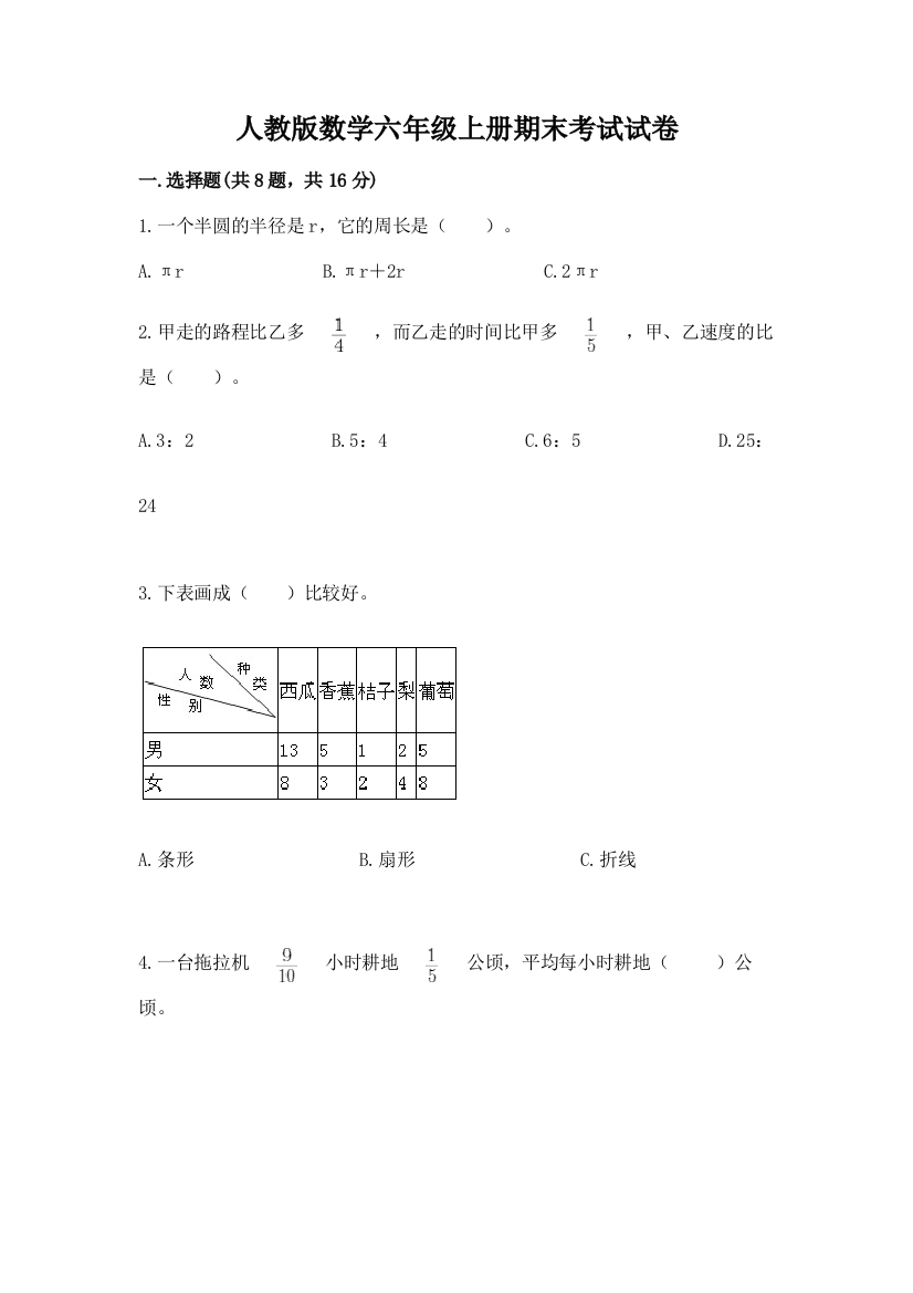 人教版数学六年级上册期末考试试卷精品【含答案】