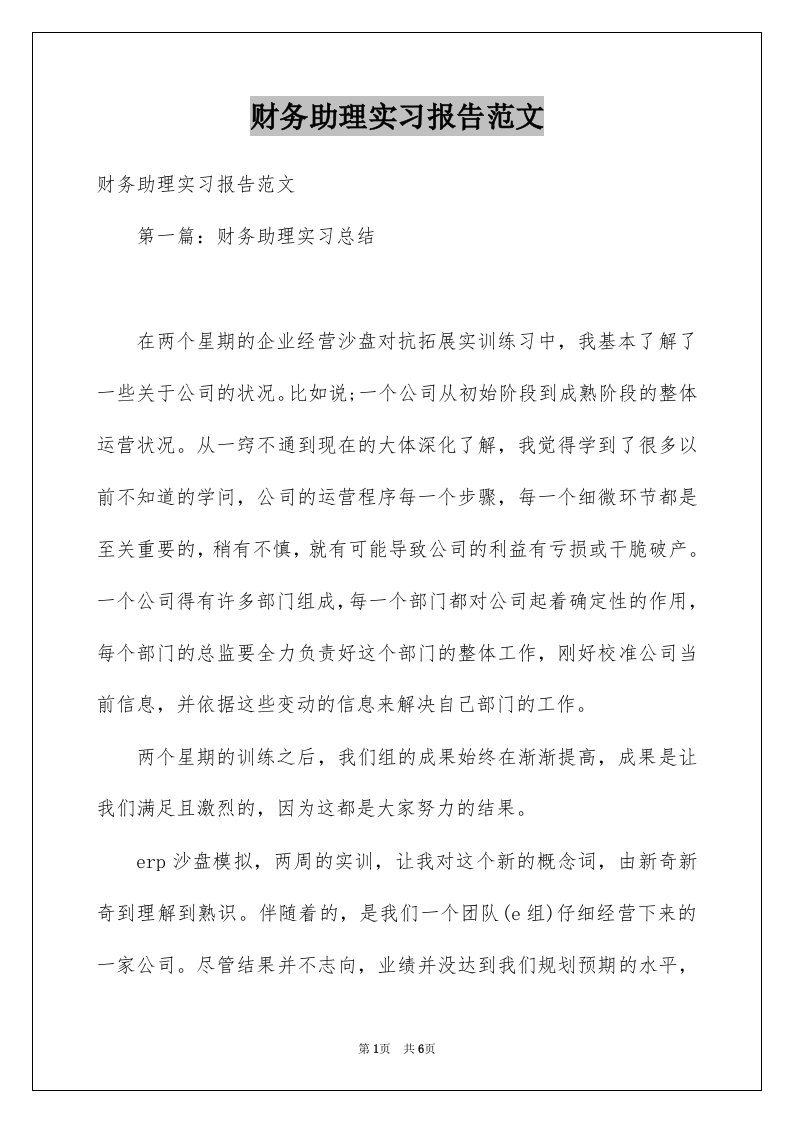 财务助理实习报告范文例文