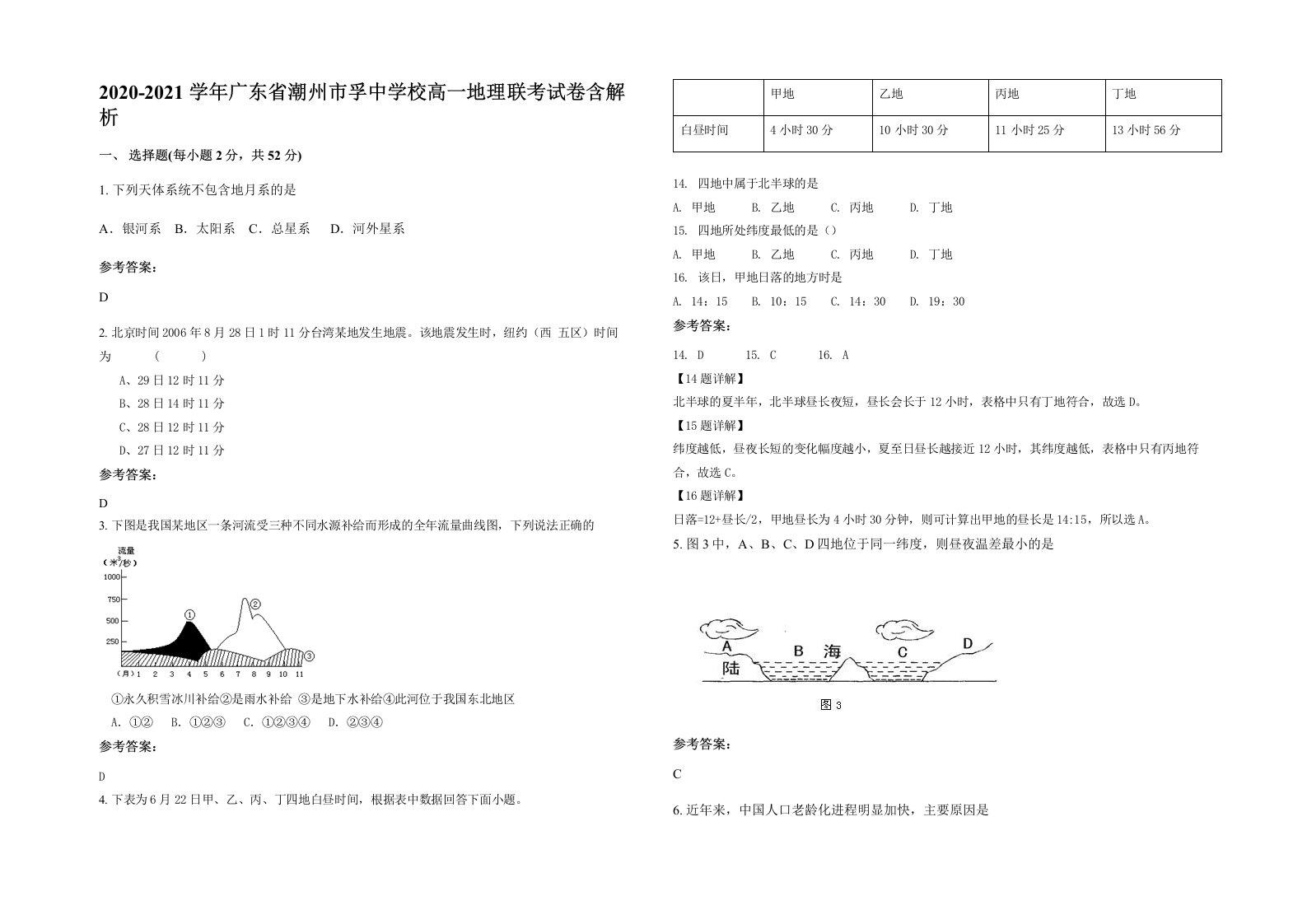 2020-2021学年广东省潮州市孚中学校高一地理联考试卷含解析