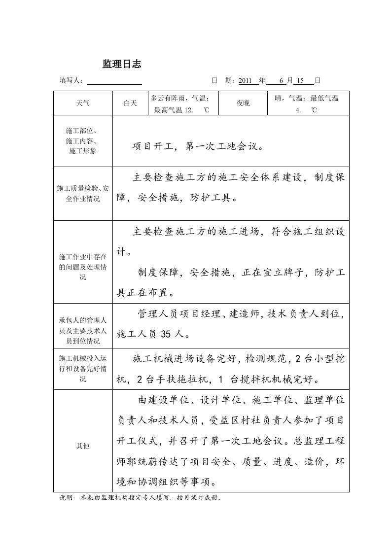 水利工程监理日志